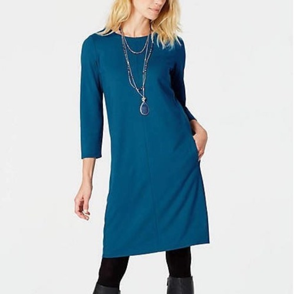 J. Jill Teal Blue Ponte 3/4‎ Sleeves Knee Length Shift Dress Women's Size Medium